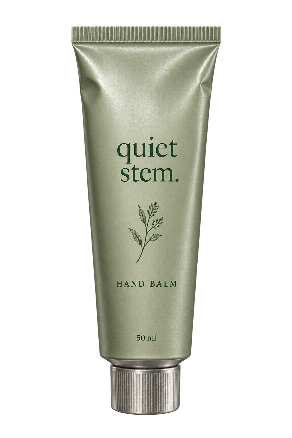 Quiet Stem hand balm concept: sage aluminium tube with a brushed silver cap