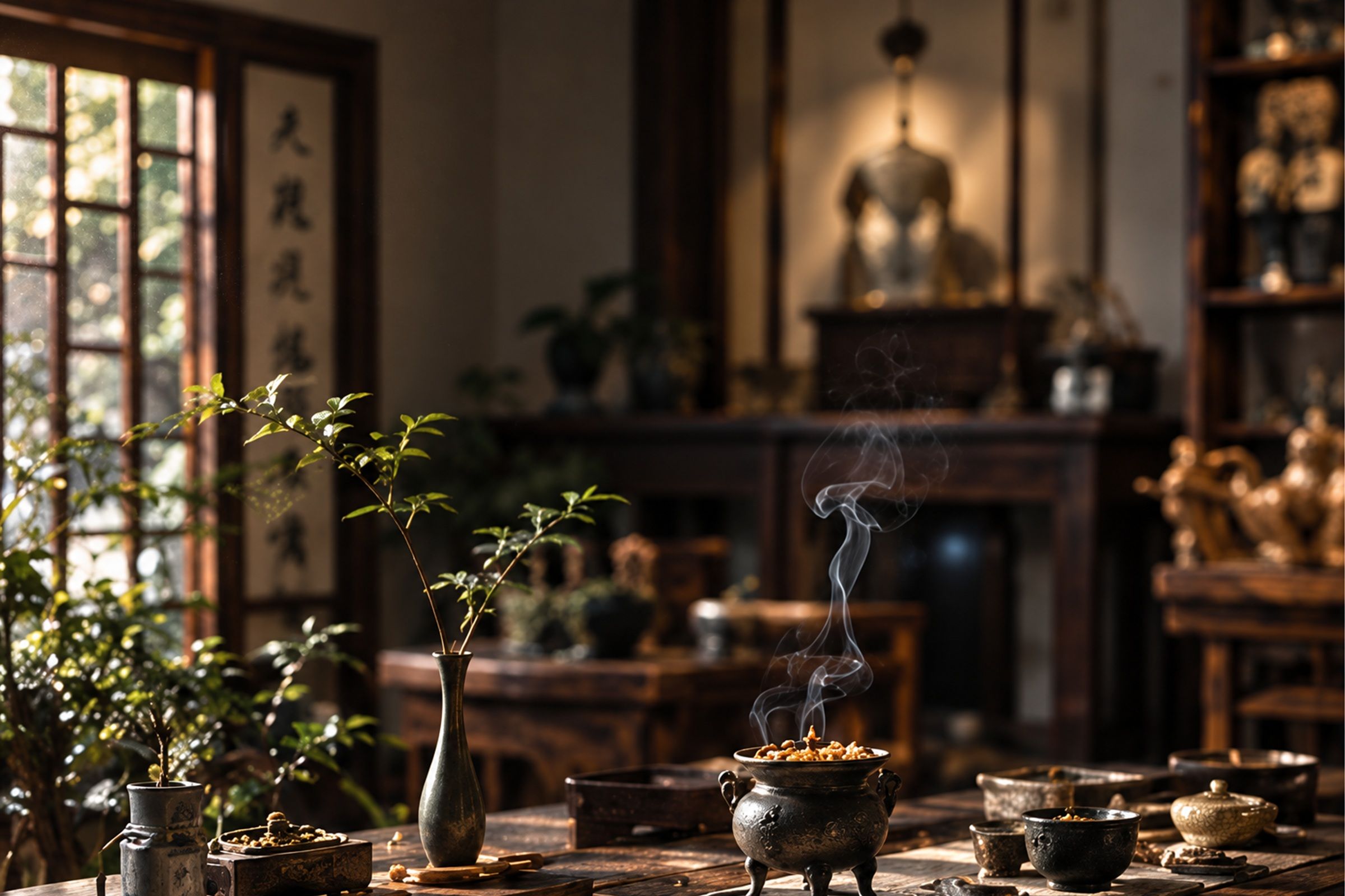 A quiet Nuancang interior with incense smoke and tea objects