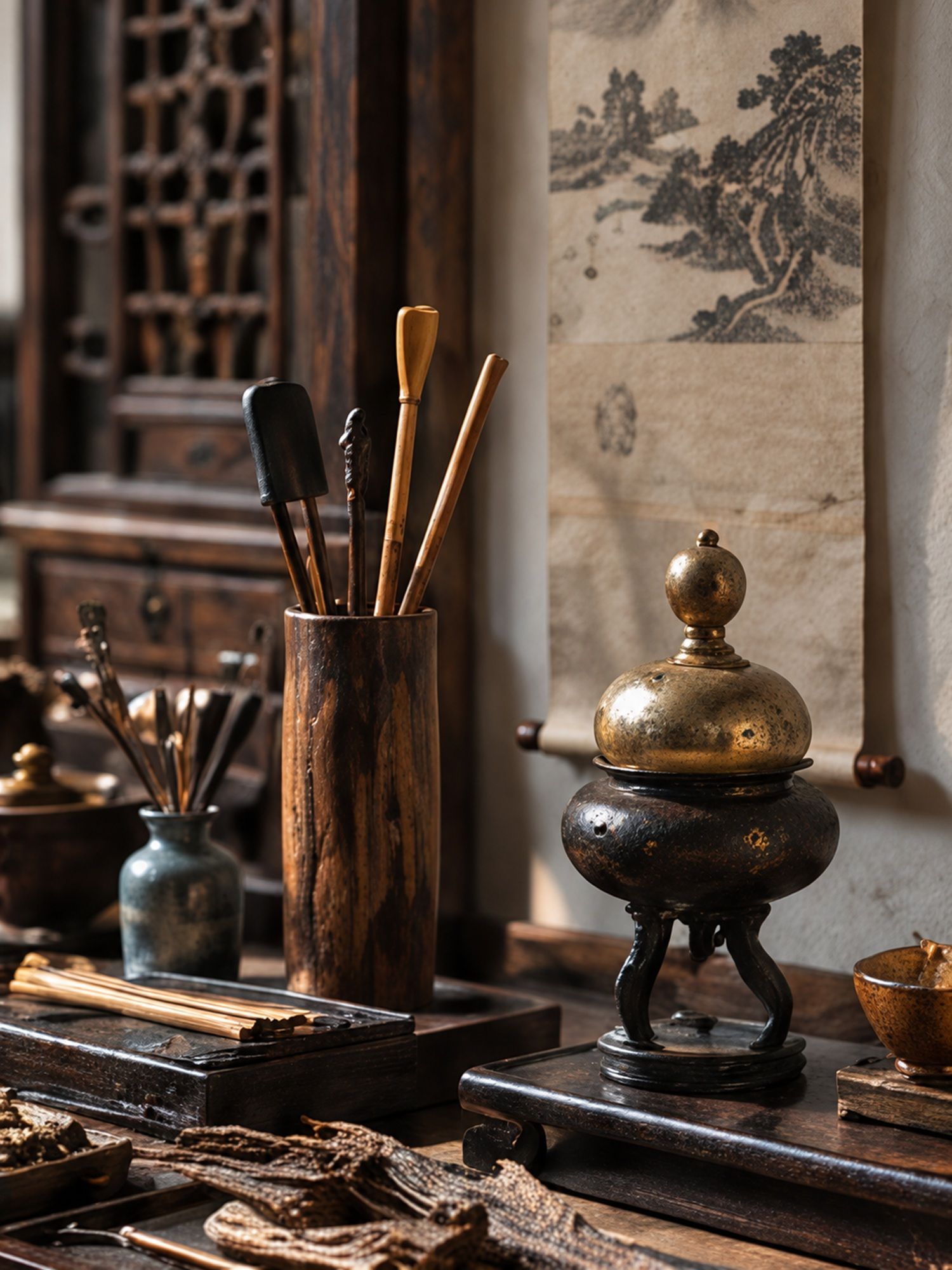 Incense tools arranged on a quiet workbench